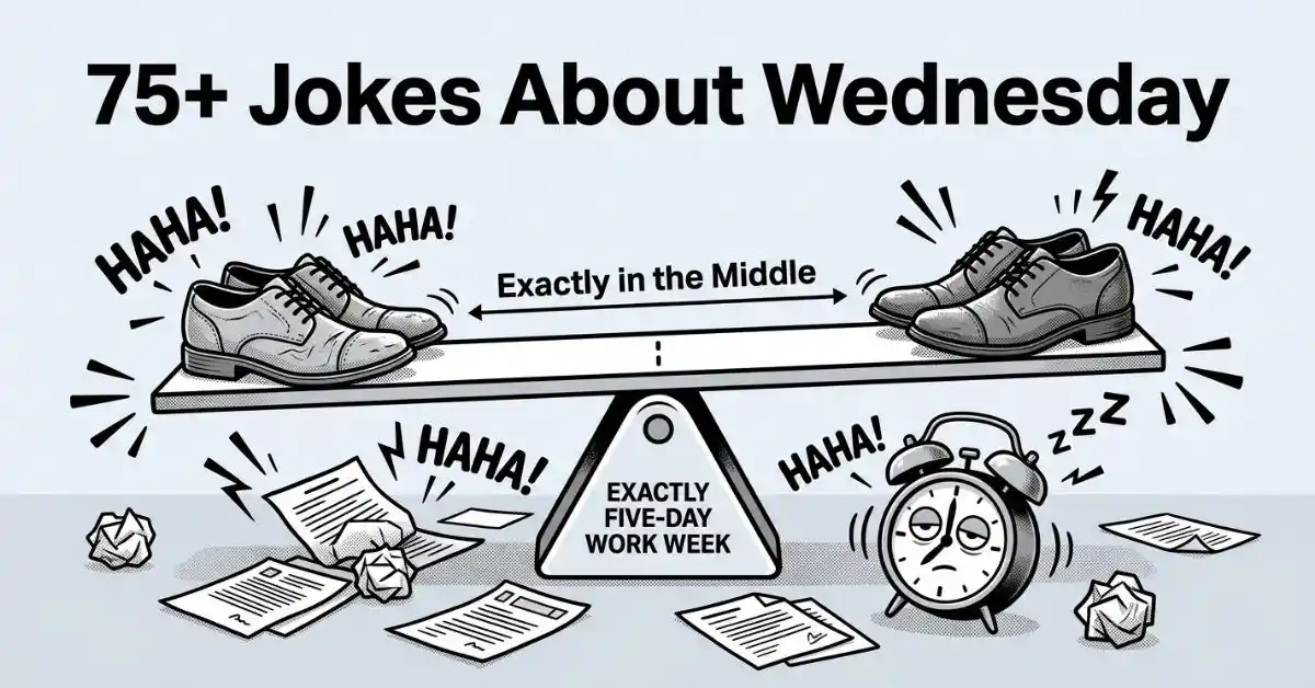 Midweek office comedy illustration in black and white showing a giant seesaw balancing two dress shoes on a pivot labeled "EXACTLY FIVE-DAY WORK WEEK", with crumpled papers and a sleepy alarm clock under the text "75+ Jokes About Wednesday.