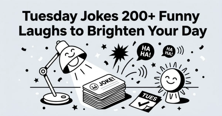 Bright black and white scene of a cheerful desk lamp shining a beam of light onto a stack of joke cards alongside a smiling sun ornament and a Tuesday calendar page, set beneath the title "Tuesday Jokes 200+ Funny Laughs to Brighten Your Day.