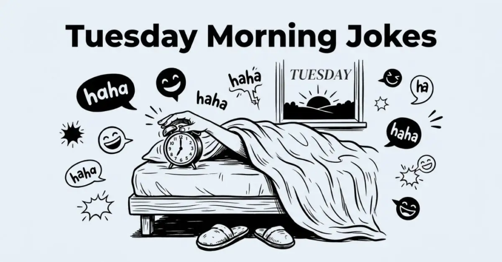 Relatable black and white morning illustration of a hand reaching out from under rumpled bedcovers to silence an alarm clock, with slippers on the floor and a sunrise visible through a window labeled "TUESDAY", surrounded by speech bubbles and the title "Tuesday Morning Jokes.