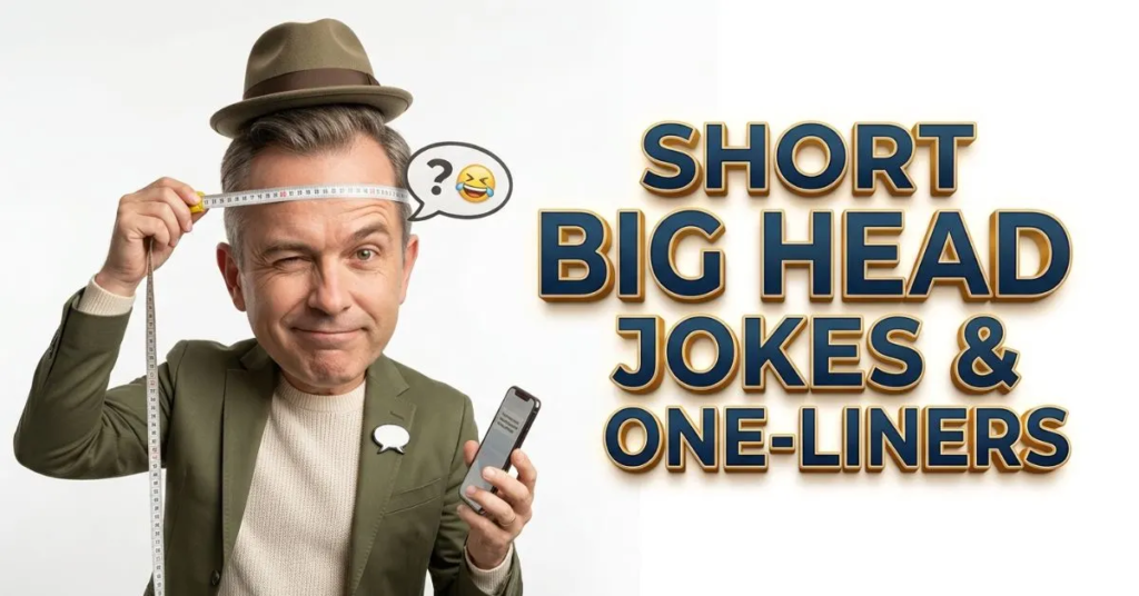 A man measuring his head with a tape measure while holding a smartphone, with bold text reading “Short Big Head Jokes & One-Liners” on a white background.

