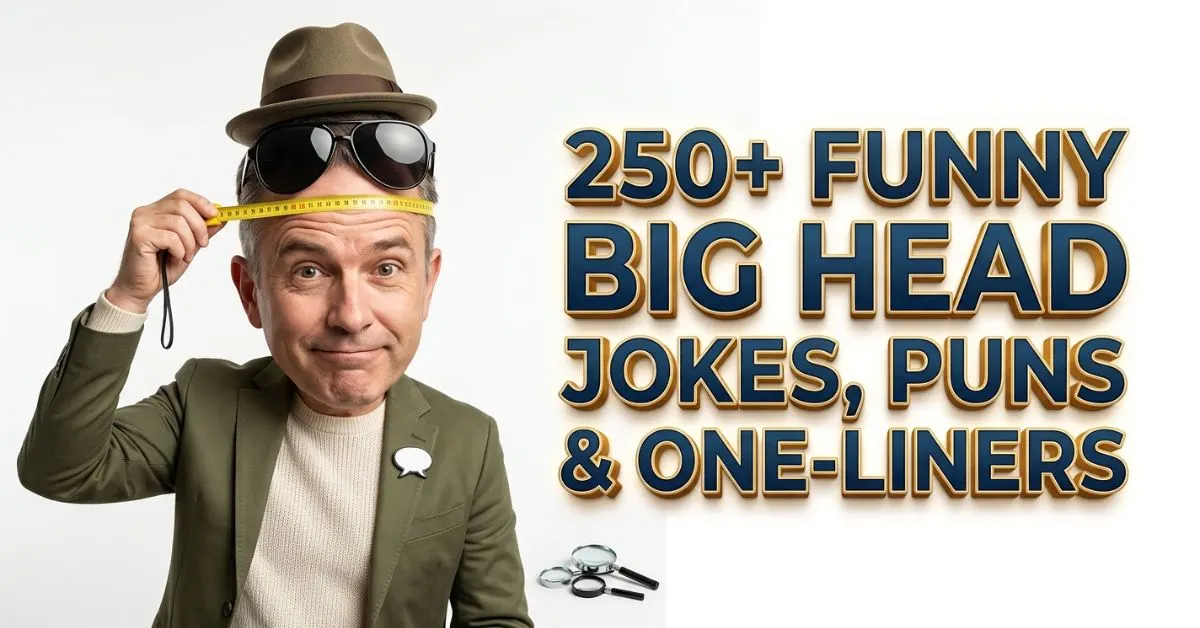 A man measuring his head with a tape measure while wearing sunglasses and a hat, with bold text reading “250+ Funny Big Head Jokes, Puns & One-Liners” on a clean white background.