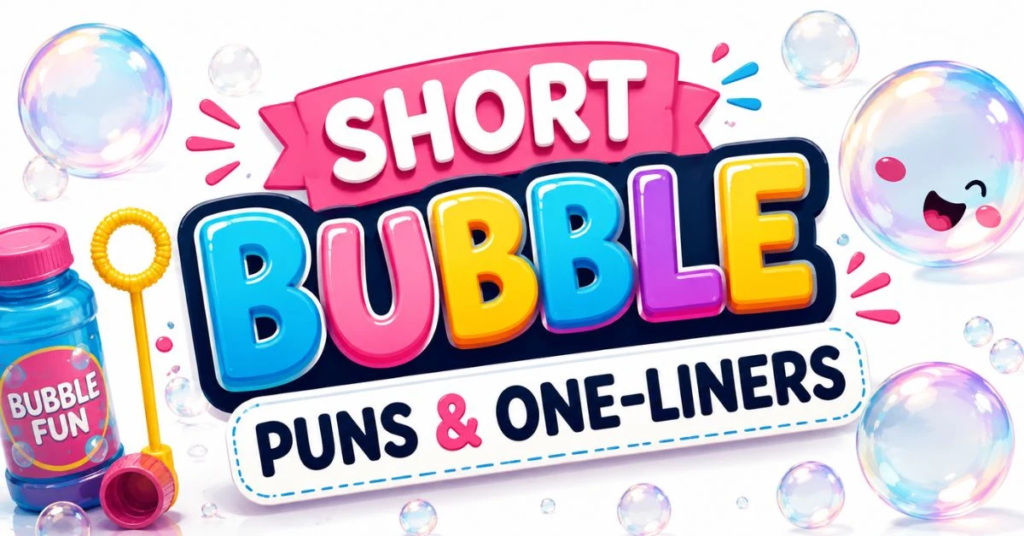 A colorful 3D bubble-themed graphic featuring glossy “SHORT BUBBLE PUNS & ONE-LINERS” text, floating soap bubbles, a bubble wand, and a playful bubble bottle on a clean white background.
