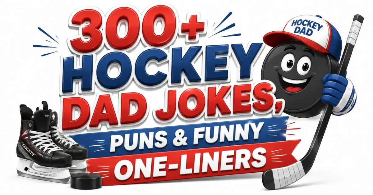 Alt text: **“300+ Hockey Dad Jokes, Puns & Funny One-Liners featuring a hockey puck character, hockey skates, and a hockey stick.”**