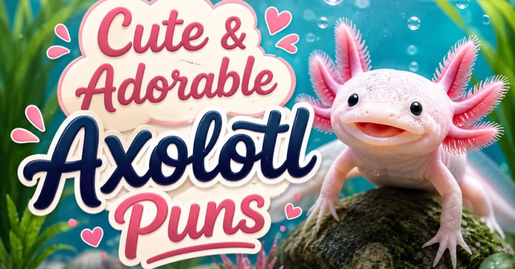 Cute and Adorable Axolotl Puns featuring a pink axolotl underwater on a rock, surrounded by aquatic plants, bubbles, hearts, and colorful text.
