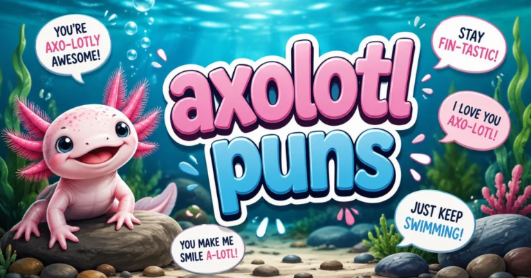 Axolotl Puns featuring a cute pink axolotl underwater with colorful aquatic plants, rocks, bubbles, and playful pun-filled speech bubbles.
