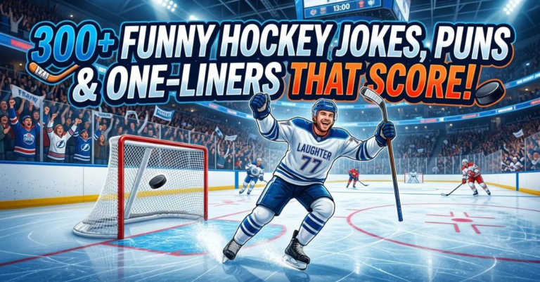 300+ Funny Hockey Jokes, Puns & One-Liners That Score, featuring an ice hockey player celebrating on the rink with a goal, puck, cheering fans, and a packed arena.