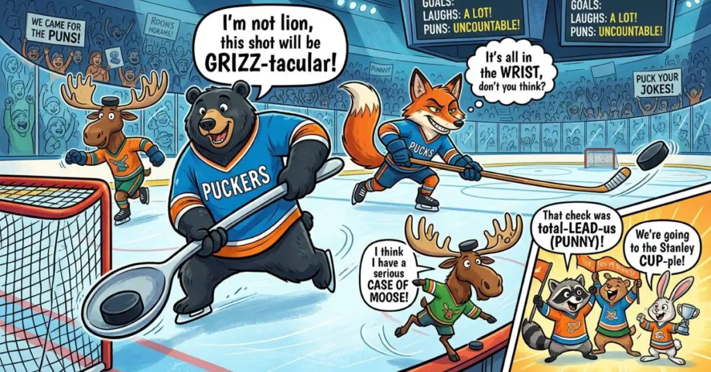 Funny hockey cartoon featuring animal players, including a moose, bear, fox, raccoon, and rabbit, skating on an ice rink with hockey sticks, a puck, goals, and playful hockey puns in speech bubbles.