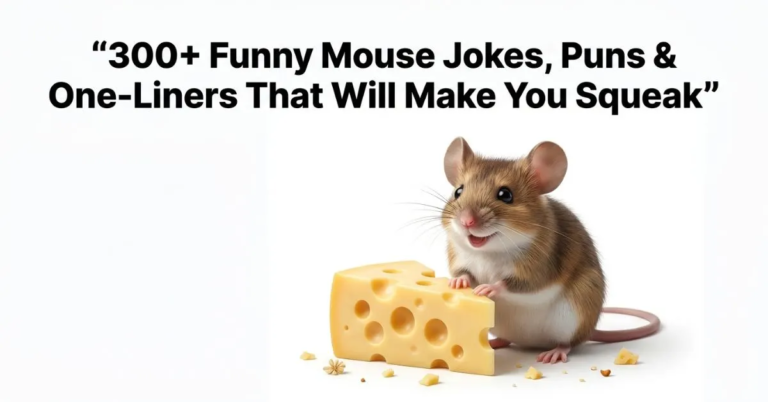 A smiling mouse sitting behind a block of Swiss cheese, with the headline ‘300+ Funny Mouse Jokes, Puns & One-Liners That Will Make You Squeak’ above it.