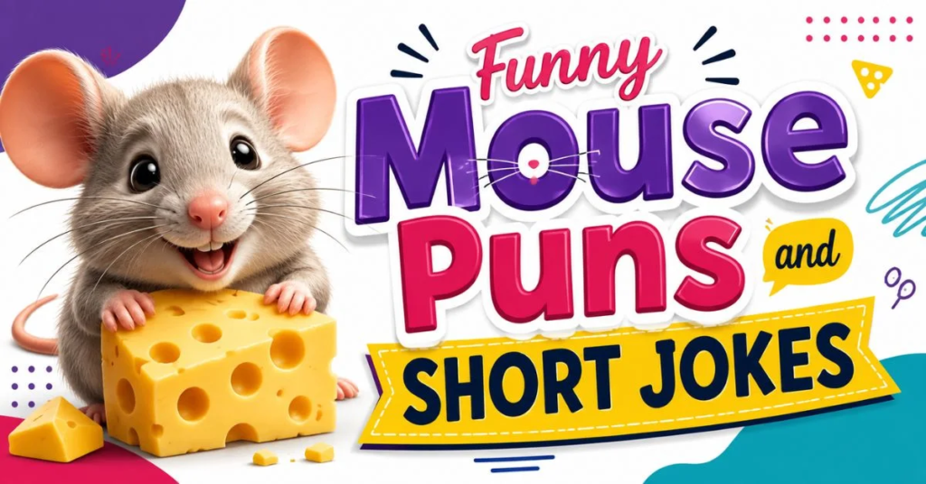 Alt text:**“A cheerful mouse holding a block of Swiss cheese beside colorful text reading ‘Funny Mouse Puns and Short Jokes,’ with playful purple, pink, yellow, and teal decorative elements.”**
