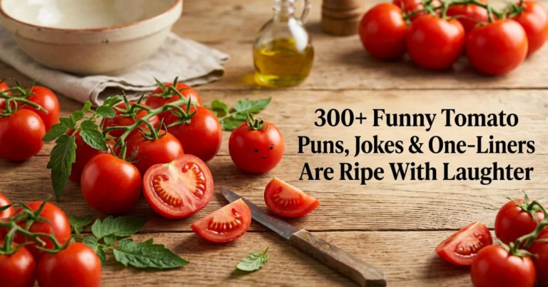 A wooden table covered with fresh red tomatoes, tomato slices, green herbs, a knife, a bowl, and a bottle of olive oil, with text reading ‘300+ Funny Tomato Puns, Jokes & One-Liners Are Ripe With Laughter.