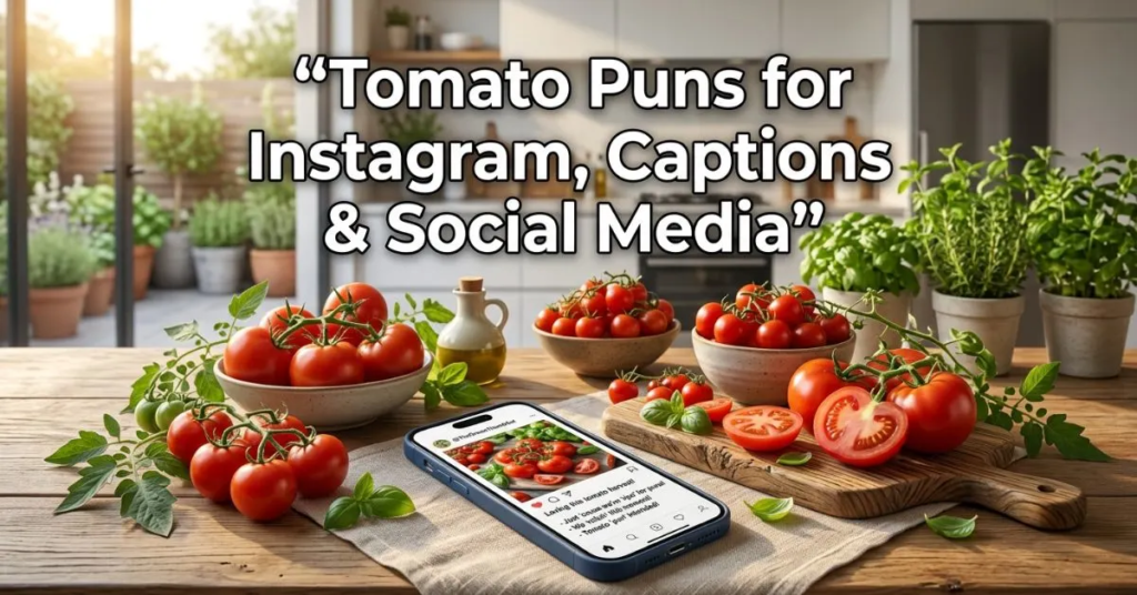 A wooden table covered with fresh red tomatoes, tomato slices, green herbs, a knife, a bowl, and a bottle of olive oil, with text reading ‘300+ Funny Tomato Puns, Jokes & One-Liners Are Ripe With Laughter.
