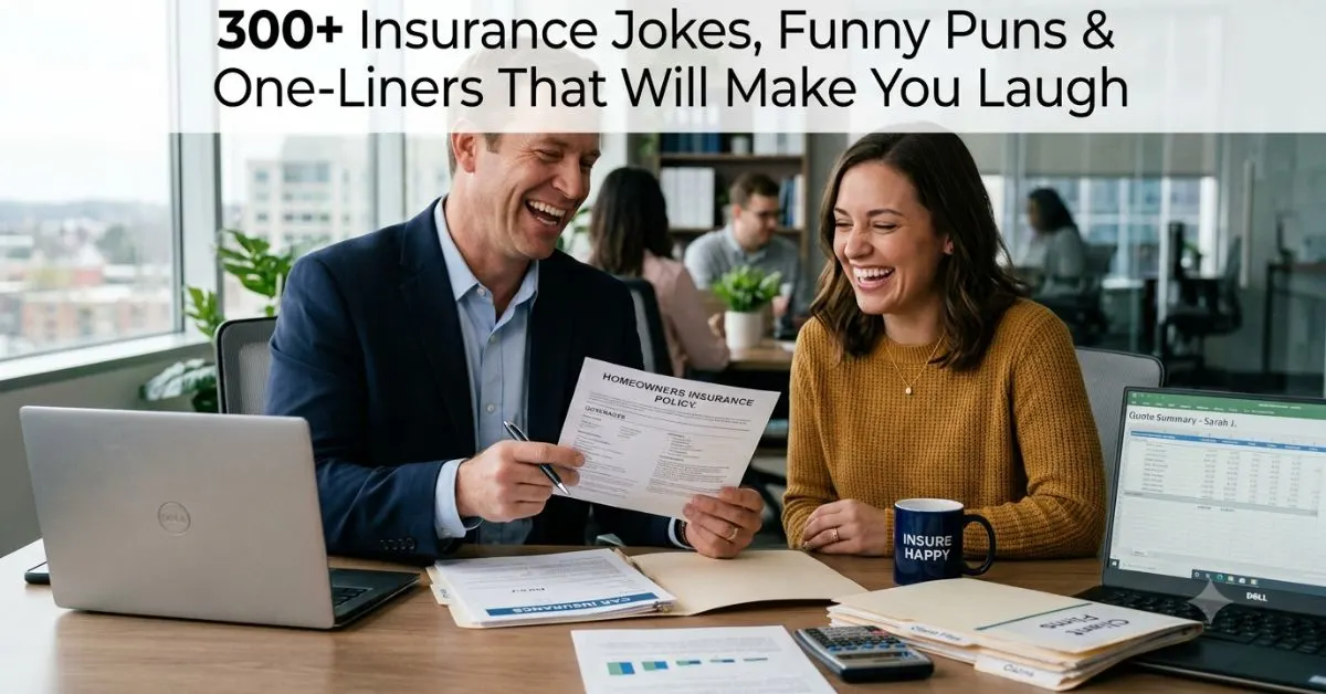Two smiling insurance professionals reviewing a homeowners insurance policy at an office desk, with laptops, documents, and a coffee mug, beneath text reading ‘300+ Insurance Jokes, Funny Puns & One-Liners That Will Make You Laugh.