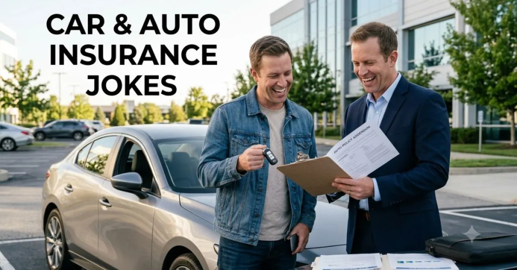 Two smiling men standing beside a silver car, with one holding car keys and the other reviewing an auto insurance policy on a clipboard. Text reads ‘Car & Auto Insurance Jokes.