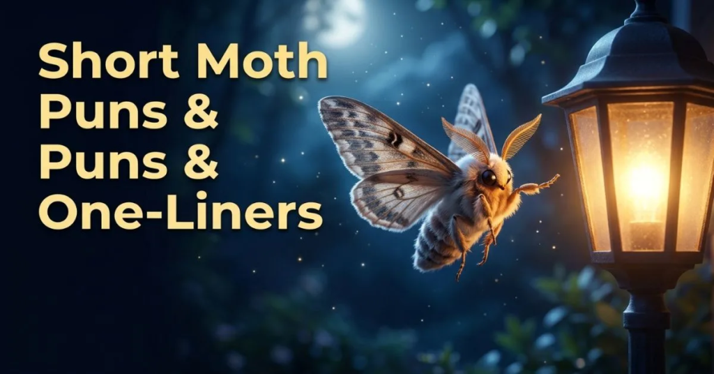 A moth flying toward a glowing outdoor lantern at night, surrounded by a dark, softly blurred background, with text reading ‘Short Moth Puns & Puns & One-Liners.