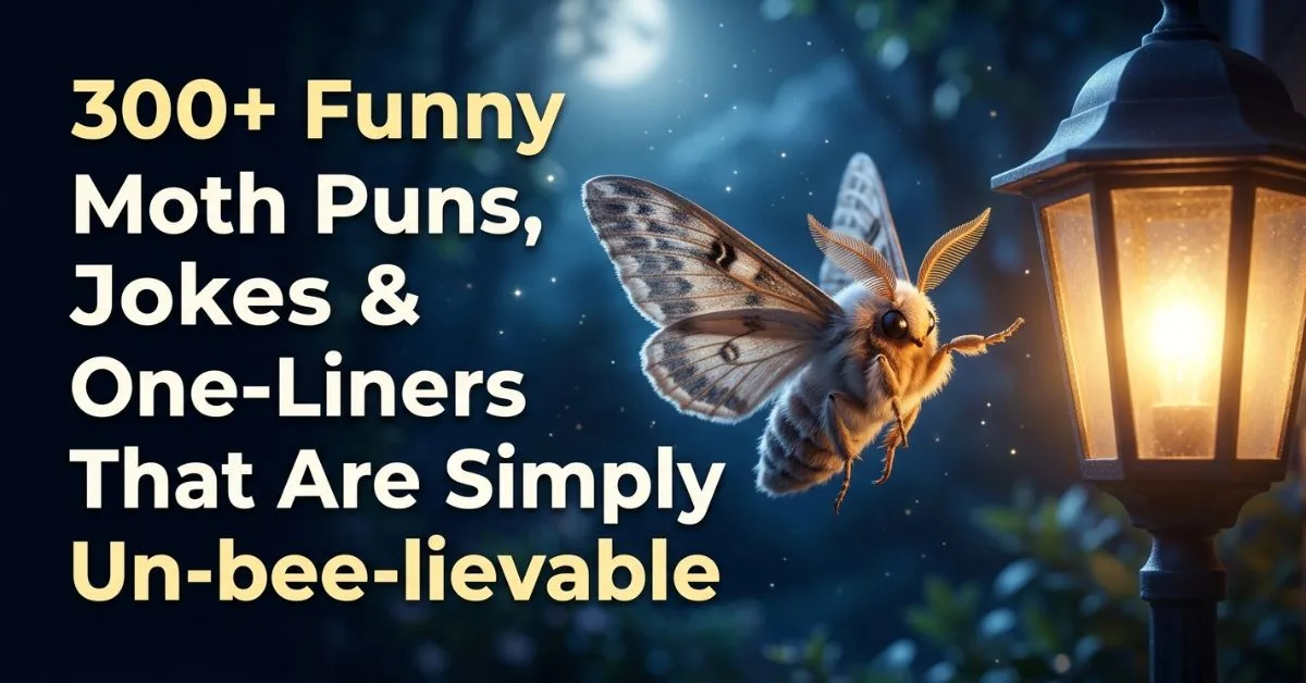 A moth flying toward a glowing outdoor lantern at night, surrounded by a dark, softly blurred background, with text reading ‘300+ Funny Moth Puns, Jokes & One-Liners That Are Simply Un-bee-lievable.