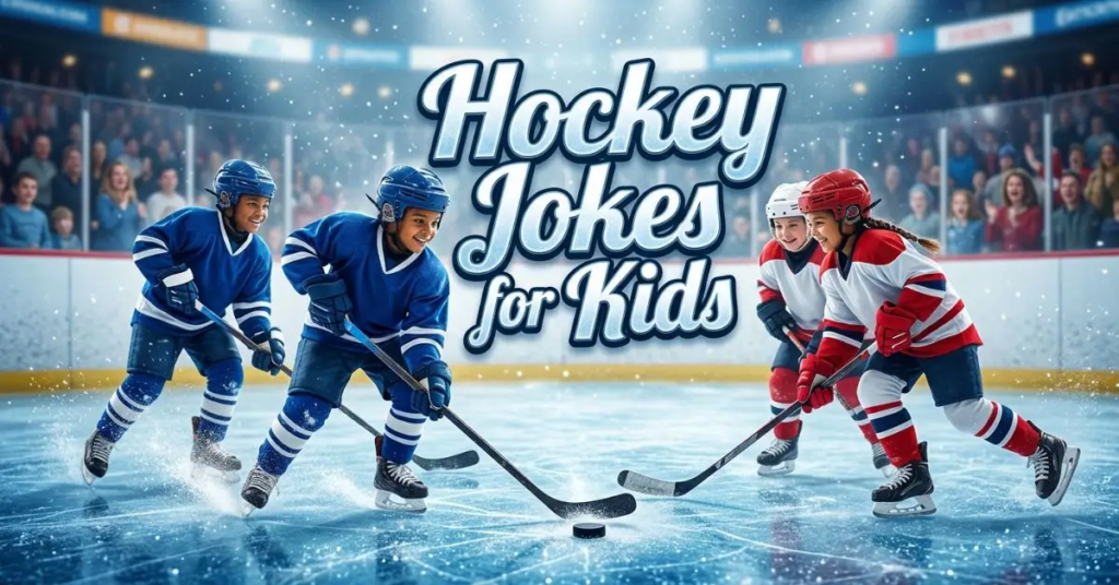 Hockey Jokes for Kids featuring four young hockey players skating on an ice rink with hockey sticks and a puck, surrounded by cheering spectators.