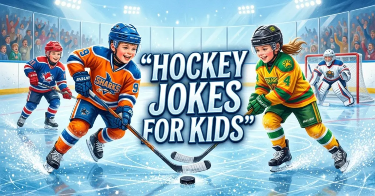 Hockey Jokes for Kids featuring four young hockey players skating on an ice rink with hockey sticks and a puck, surrounded by cheering spectators.