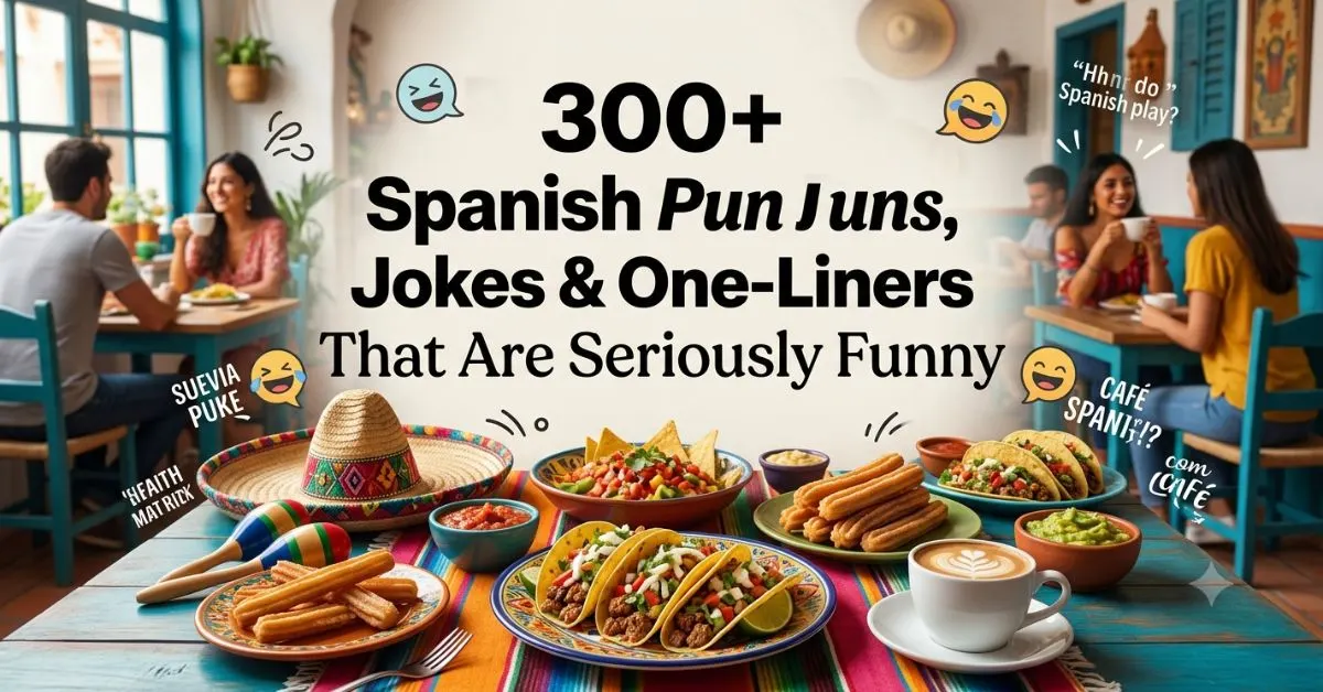 300+ Spanish Pun Juns, Jokes & One-Liners featuring Spanish food, tacos, churros, coffee, colorful dishes, and people enjoying a meal in a cozy restaurant.
