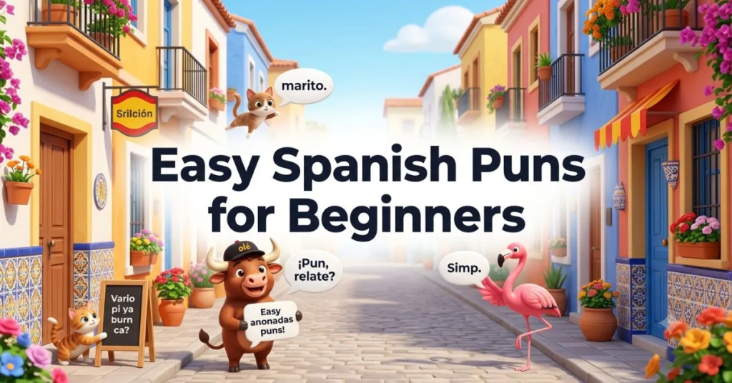 Easy Spanish Puns for Beginners featuring a colorful Spanish-style village street with flower-filled balconies, a cartoon bull, flamingo, cats, and playful Spanish pun speech bubbles.