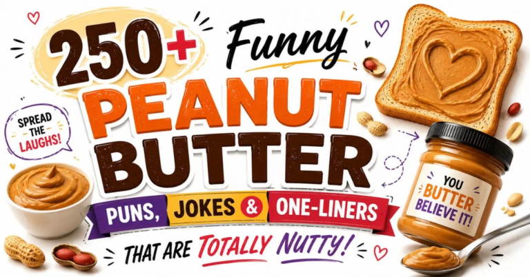 A colorful book cover featuring jars and a slice of bread spread with peanut butter, surrounded by peanuts. Large text reads “250+ Funny Peanut Butter,” with “Puns, Jokes & One-Liners That Are Totally Nutty!” and playful phrases about peanut butter.