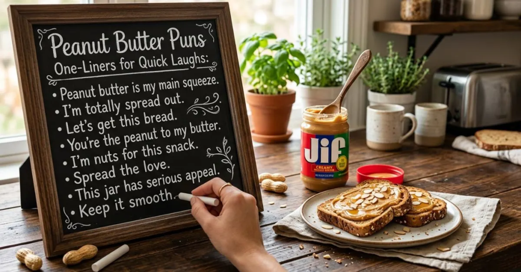 A cozy kitchen scene featuring a chalkboard titled “Peanut Butter Puns: One-Liners for Quick Laughs,” listing humorous peanut butter phrases. Beside it are a jar of Jif peanut butter, toast topped with peanut butter and sliced almonds, peanuts, plants, mugs, and a toaster on a wooden countertop.