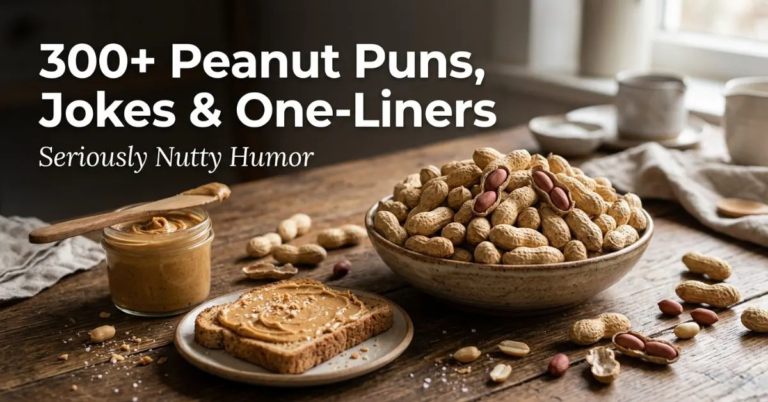 A bowl of peanuts, a jar of peanut butter, and peanut butter toast on a wooden table, with the text ‘300+ Peanut Puns, Jokes & One-Liners’ and ‘Seriously Nutty Humor.