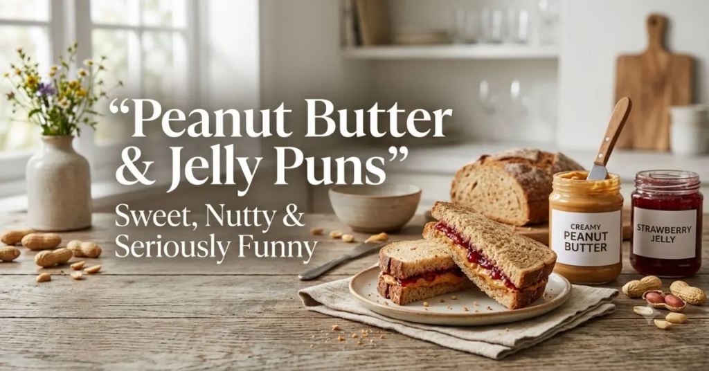 Peanut butter and jelly sandwich on a plate beside jars of peanut butter and strawberry jelly, with scattered peanuts and the text ‘Peanut Butter & Jelly Puns’ and ‘Sweet, Nutty & Seriously Funny.