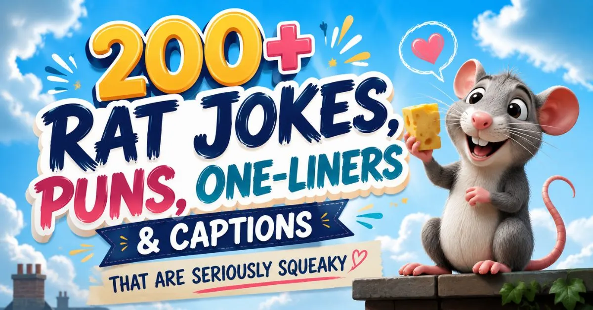 A cartoon gray rat holding a piece of cheese, with colorful text reading ‘200+ Rat Jokes, Puns, One-Liners & Captions’ and ‘That Are Seriously Squeaky,’ against a bright blue sky background.