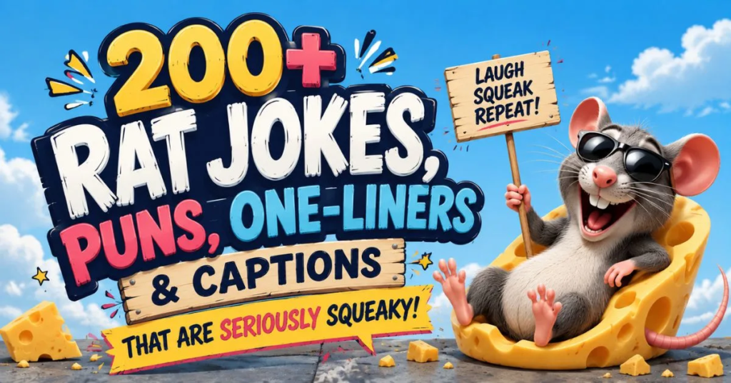 A cartoon gray rat holding a piece of cheese, with colorful text reading ‘200+ Rat Jokes, Puns, One-Liners & Captions’ and ‘That Are Seriously Squeaky,’ against a bright blue sky background.
