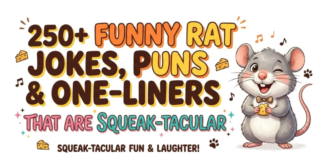 Colorful graphic featuring the title ‘Rat Jokes’ with a cartoon gray rat holding a piece of cheese.