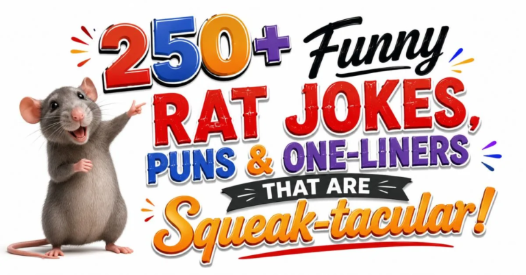 Colorful graphic featuring the title ‘Rat Jokes’ with a cartoon gray rat holding a piece of cheese.