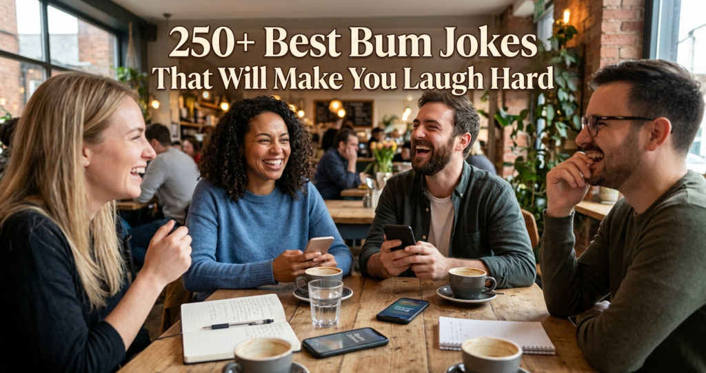 Graphic featuring the title ‘Bum Jokes’ with a humorous, playful design.