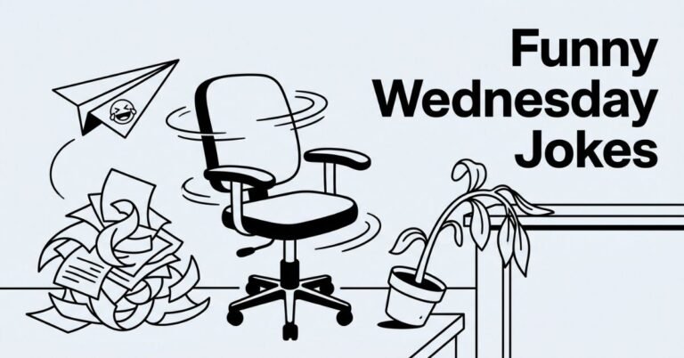 Midweek office comedy line art graphic for "Funny Wednesday Jokes" on a solid light gray background. Displays a spinning office desk chair, a chaotic pile of tangled paperwork, a paper airplane marked with a laughter emoji, and a wilted, exhausted desk plant.