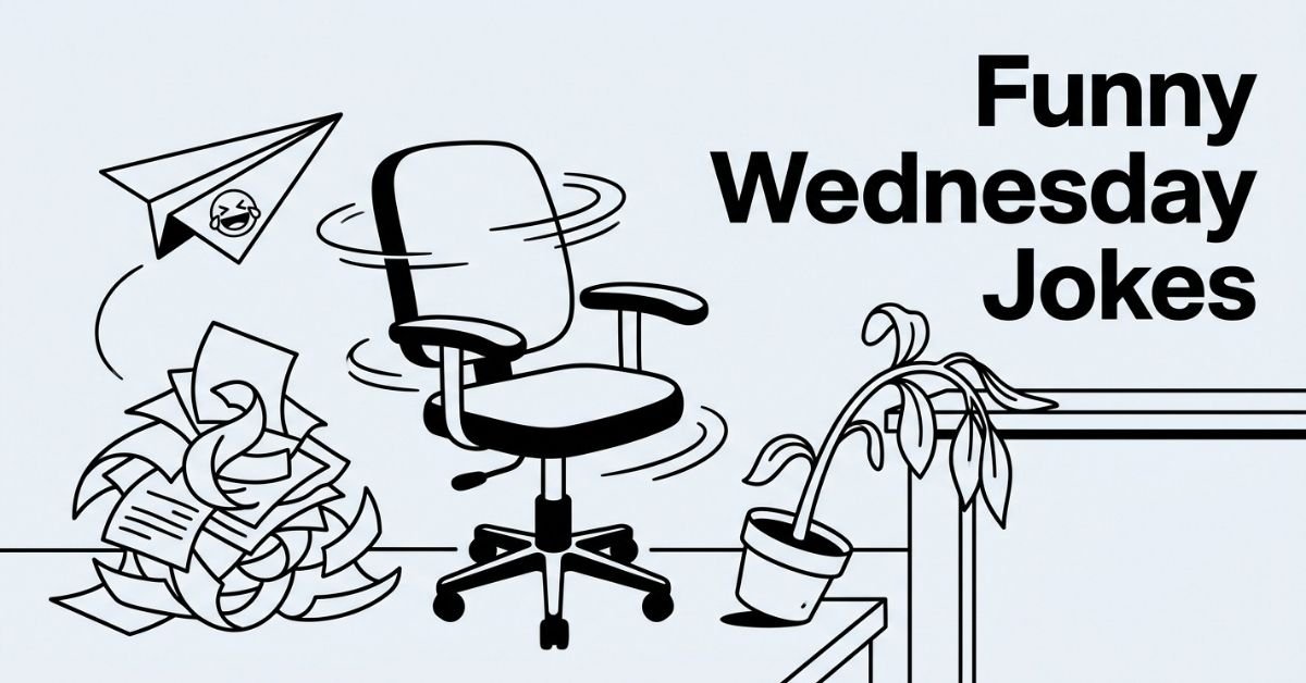Midweek office comedy line art graphic for "Funny Wednesday Jokes" on a solid light gray background. Displays a spinning office desk chair, a chaotic pile of tangled paperwork, a paper airplane marked with a laughter emoji, and a wilted, exhausted desk plant.