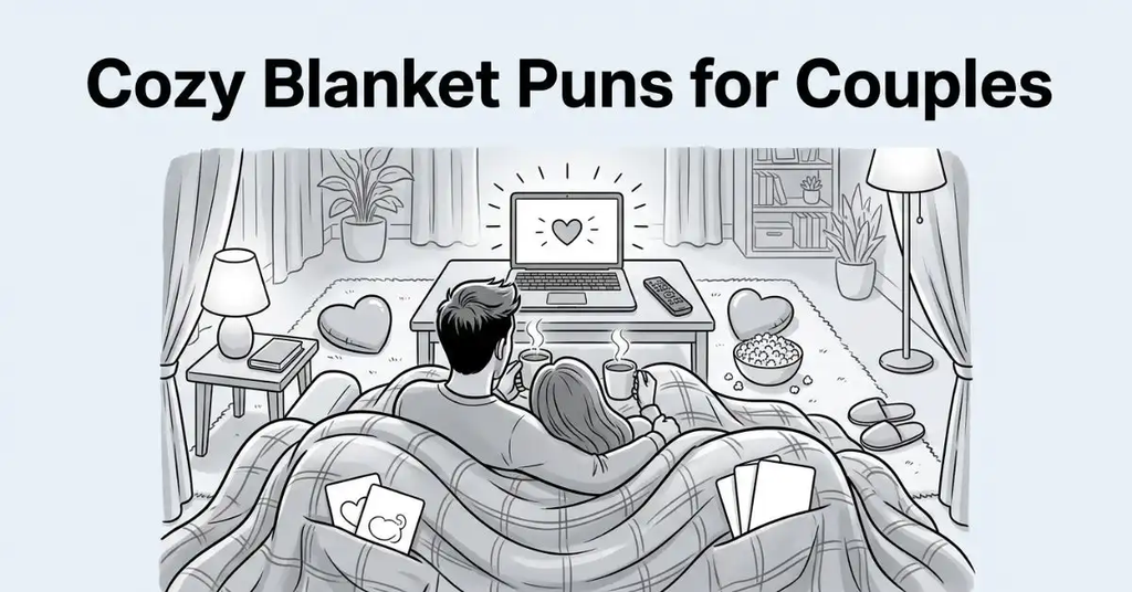A heartwarming black-and-white illustration using a cinematic over-the-shoulder perspective to showcase a couple wrapped in a cozy blanket enjoying a movie night on the sofa. Text on top reads: "Cozy Blanket Puns for Couples
