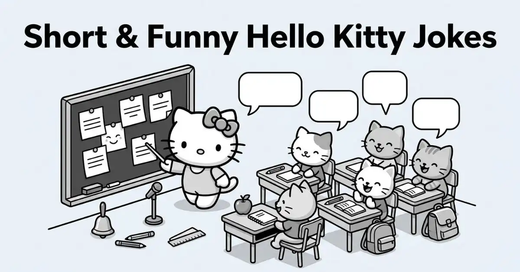 Short & Funny Hello Kitty Jokes title text above a black and white cartoon classroom scene showing Hello Kitty acting as a teacher at a blackboard in front of kitten students.