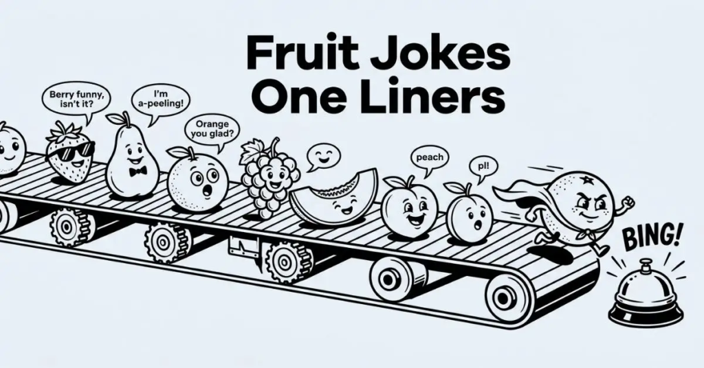Black and white illustration for "Fruit Jokes One Liners" against a solid #EDF2F7 background. Depicts a lineup of cartoon fruits with speech bubbles moving along a vintage grocery conveyor belt toward a service bell labeled "BING!".