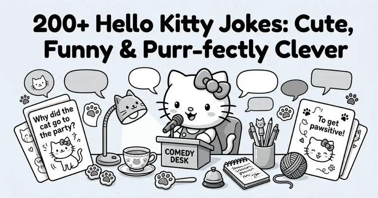 200+ Hello Kitty Jokes: Cute, Funny & Purr-fectly Clever banner title above a black and white cartoon scene of Hello Kitty sitting at a comedy desk with a microphone and joke cards.
