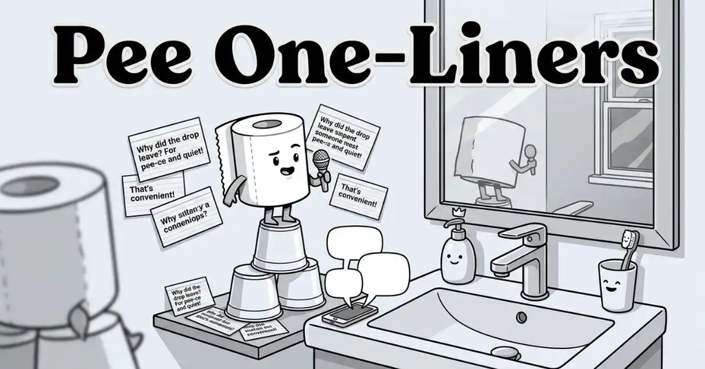Pee One-Liners title text with a black and white cartoon character made of toilet paper holding a microphone in front of a bathroom sink mirror surrounded by speech bubbles.