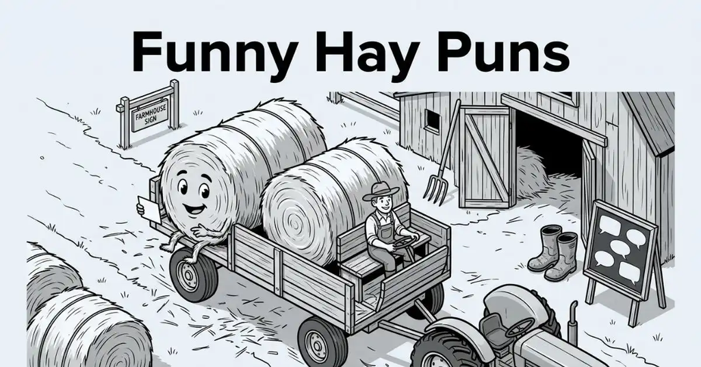 Funny Hay Puns title text with a black and white cartoon illustration of a smiling hay bale sitting on a wooden farm cart driven by a farmer near a barn.