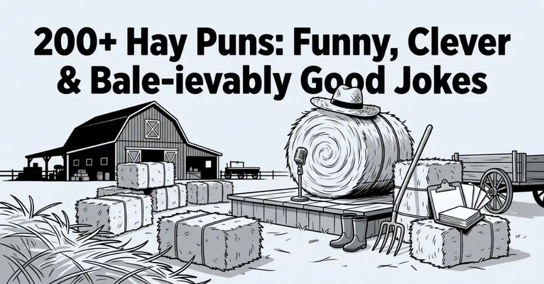 200+ Hay Puns: Funny, Clever & Bale-ievably Good Jokes title with a black and white cartoon illustration of a large round hay bale wearing a hat standing at a microphone on a stage in front of a barn.