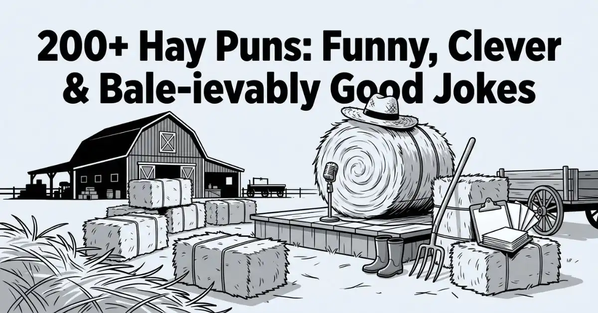 200+ Hay Puns: Funny, Clever & Bale-ievably Good Jokes title with a black and white cartoon illustration of a large round hay bale wearing a hat standing at a microphone on a stage in front of a barn.