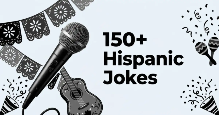 A black and white line-art illustration featuring a vintage handheld microphone, a monochrome acoustic guitar with floral patterns, maracas, and a papal picado banner against a light grey background (#EDF2F7). On the right, bold black text reads "150+ Hispanic Jokes" alongside confetti and party poppers.