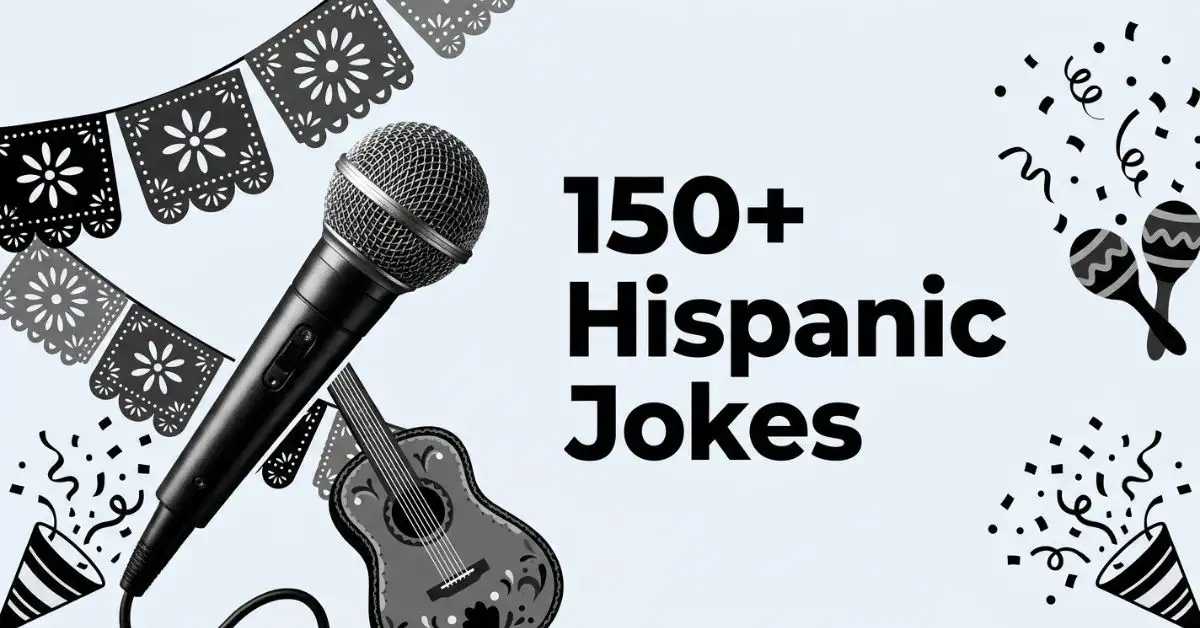 A black and white line-art illustration featuring a vintage handheld microphone, a monochrome acoustic guitar with floral patterns, maracas, and a papal picado banner against a light grey background (#EDF2F7). On the right, bold black text reads "150+ Hispanic Jokes" alongside confetti and party poppers.