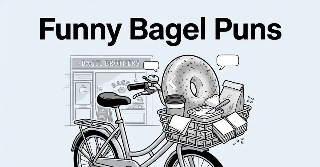 Black and white illustration of a giant toasted bagel sitting in a bicycle delivery basket outside a café storefront, surrounded by coffee and bakery supplies, with the text "Funny Bagel Puns