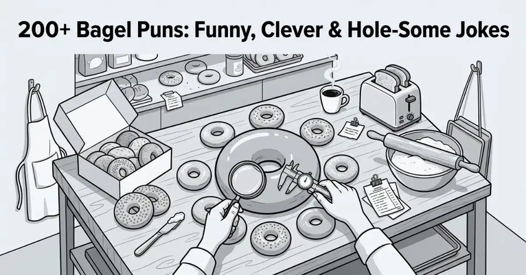 Editorial grayscale illustration of a busy bagel bakery preparation table viewed from an overhead angle, featuring a giant bagel being inspected with a magnifying glass surrounded by bagels, baking tools, and the title "200+ Bagel Puns: Funny, Clever & Hole-Some Jokes