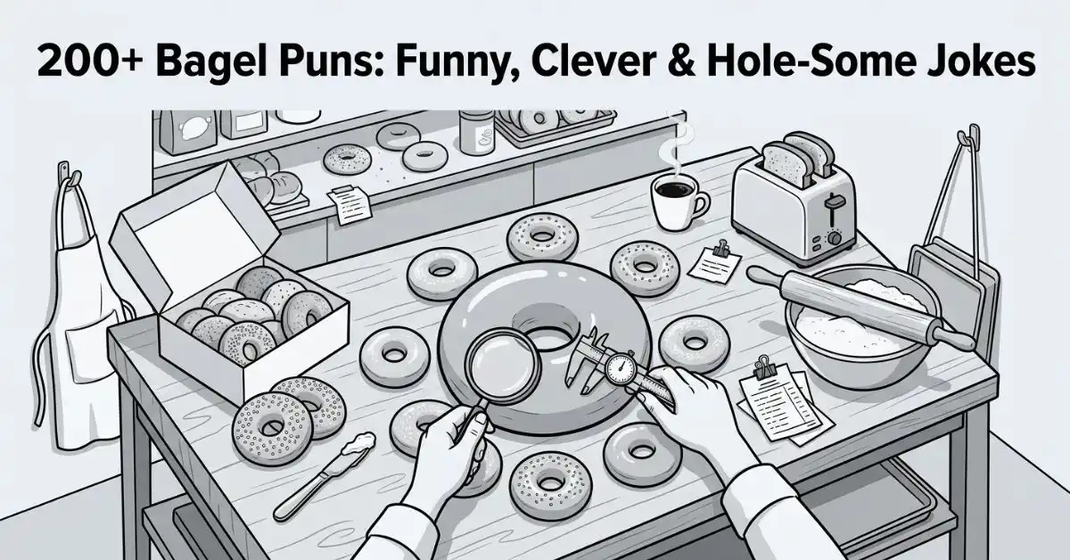 Editorial grayscale illustration of a busy bagel bakery preparation table viewed from an overhead angle, featuring a giant bagel being inspected with a magnifying glass surrounded by bagels, baking tools, and the title "200+ Bagel Puns: Funny, Clever & Hole-Some Jokes