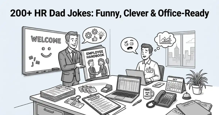 Editorial black and white illustration of an HR manager presenting a giant employee handbook to a new employee at an office desk, surrounded by corporate supplies and speech bubbles, titled "200+ HR Dad Jokes: Funny, Clever & Office-Ready