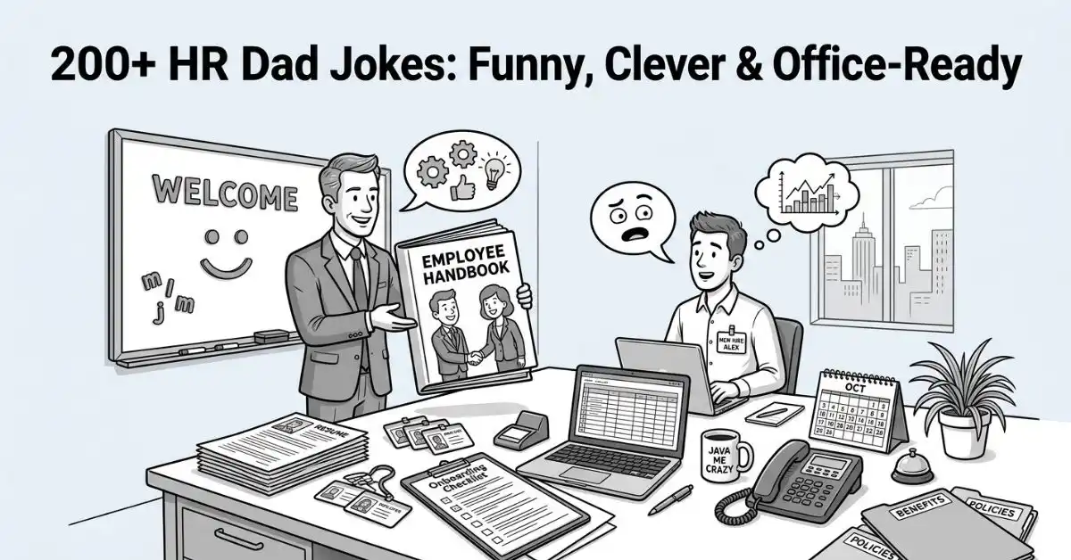 Editorial black and white illustration of an HR manager presenting a giant employee handbook to a new employee at an office desk, surrounded by corporate supplies and speech bubbles, titled "200+ HR Dad Jokes: Funny, Clever & Office-Ready