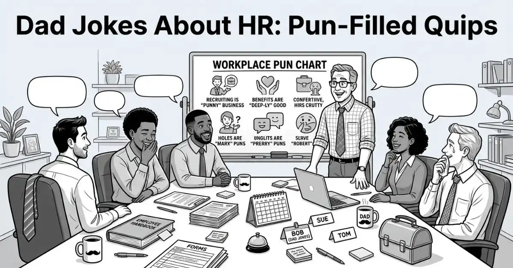 Bird's-eye perspective grayscale illustration of an HR manager presenting a workplace pun chart on a whiteboard to coworkers around a conference table, titled "Dad Jokes About HR: Pun-Filled Quips